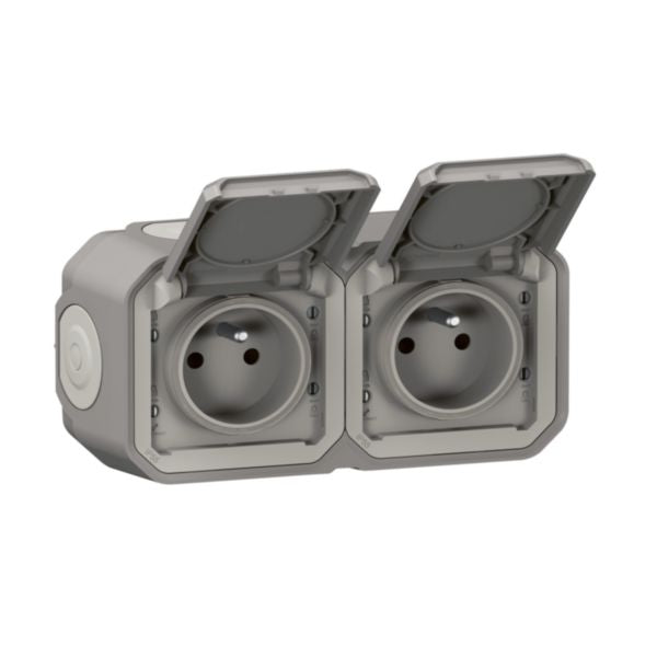 Prise de courant 2P+T étanche Plexo 16A 250V IP55 IK08 livrée complète pour fixation saillie - gris