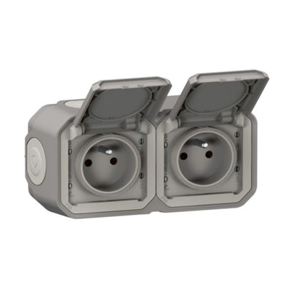 Prise de courant 2P+T étanche Plexo 16A 250V IP55 IK08 livrée complète pour fixation saillie - gris